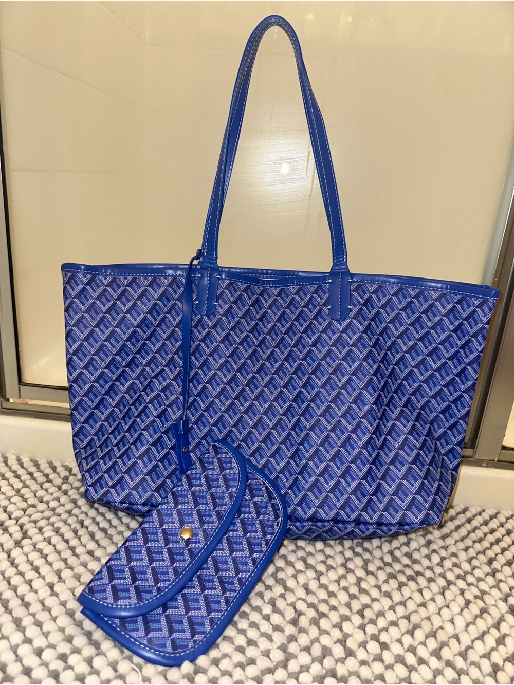 Blue Patterned Tote and Wristlet Set - Designer Style Women's Bag